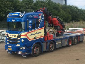 Erling Andersen; SCANIA R NORMAL | CR20N 8X2 TAG AXLE RIGED FLAT BED TRUCK FASSI 1100 | FOCK