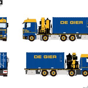 DE GIER; SCANIA R NORMAL 8X2 TAG AXLE RIGED FLATBED TRUCK + PALFINGER PK 92002 SH WITH JIB AND 20 FT CONTAINER
