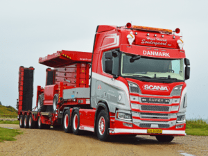 HANS HENRIK SØNDERGAARD SCANIA R HIGH ROOF 6X4 WITH NOOTEBOOM MCOS 4 AXLE SEMI LOW LOADER WITH RAMPS